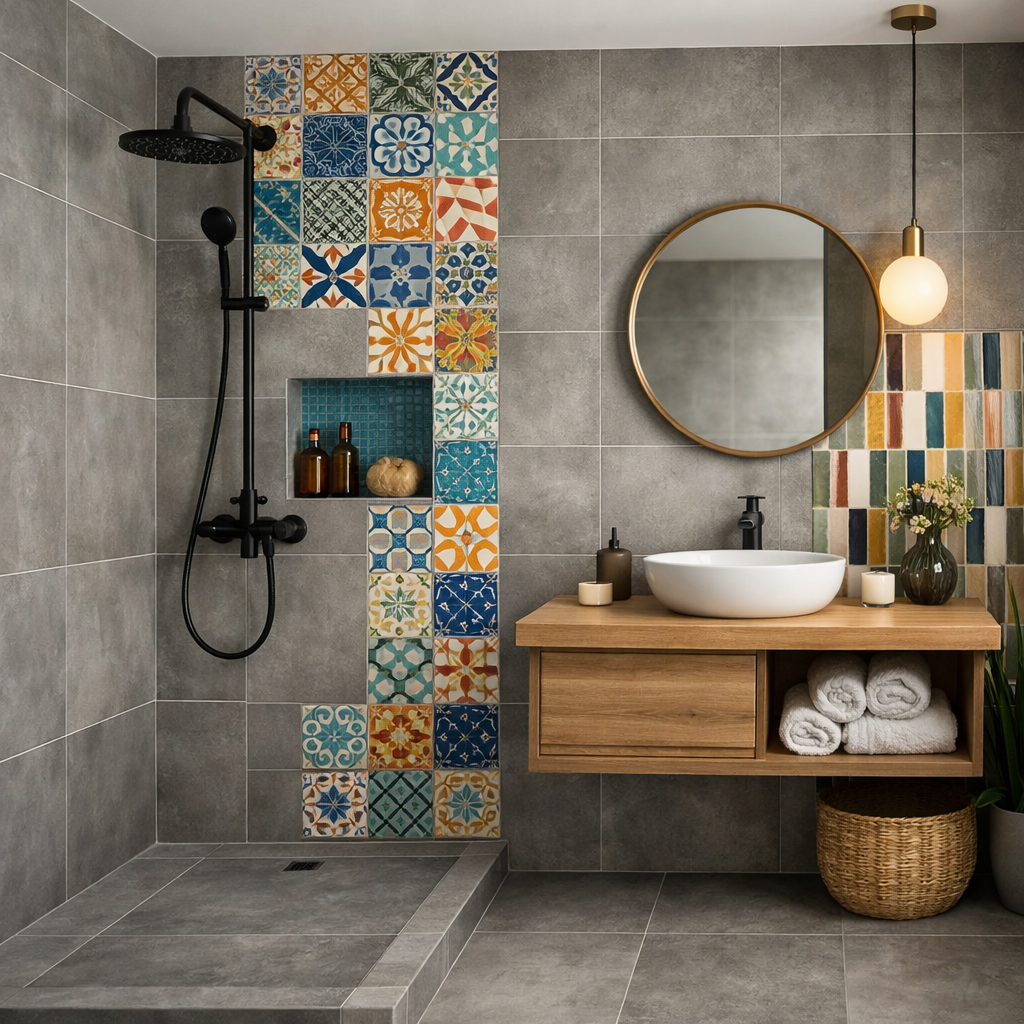 A modern grey tile bathroom featuring colorful accent tiles, a wooden vanity, and a circular mirror
