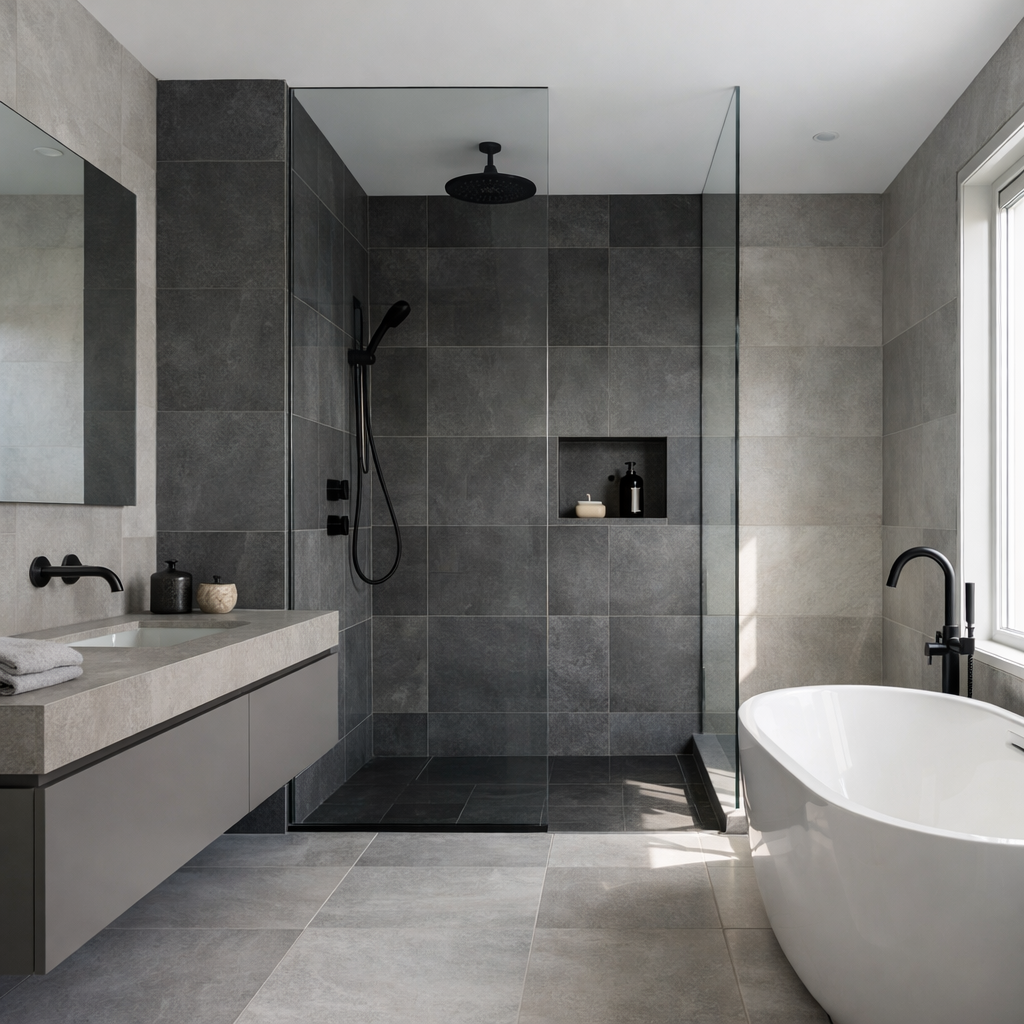 A modern grey tile bathroom featuring a sleek shower area, a freestanding bathtub, and stylish fixtures.