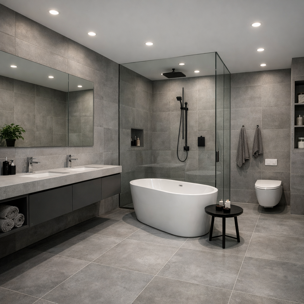 Modern grey tile bathroom with freestanding bathtub, dual sink vanity, and glass shower enclosure.