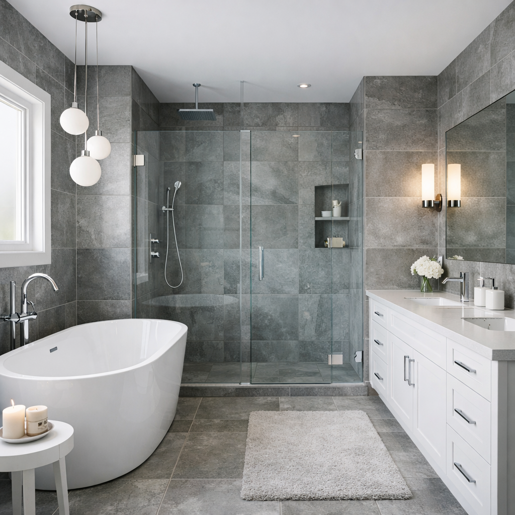 A modern bathroom featuring grey tiles, a freestanding white bathtub, and a glass shower.
