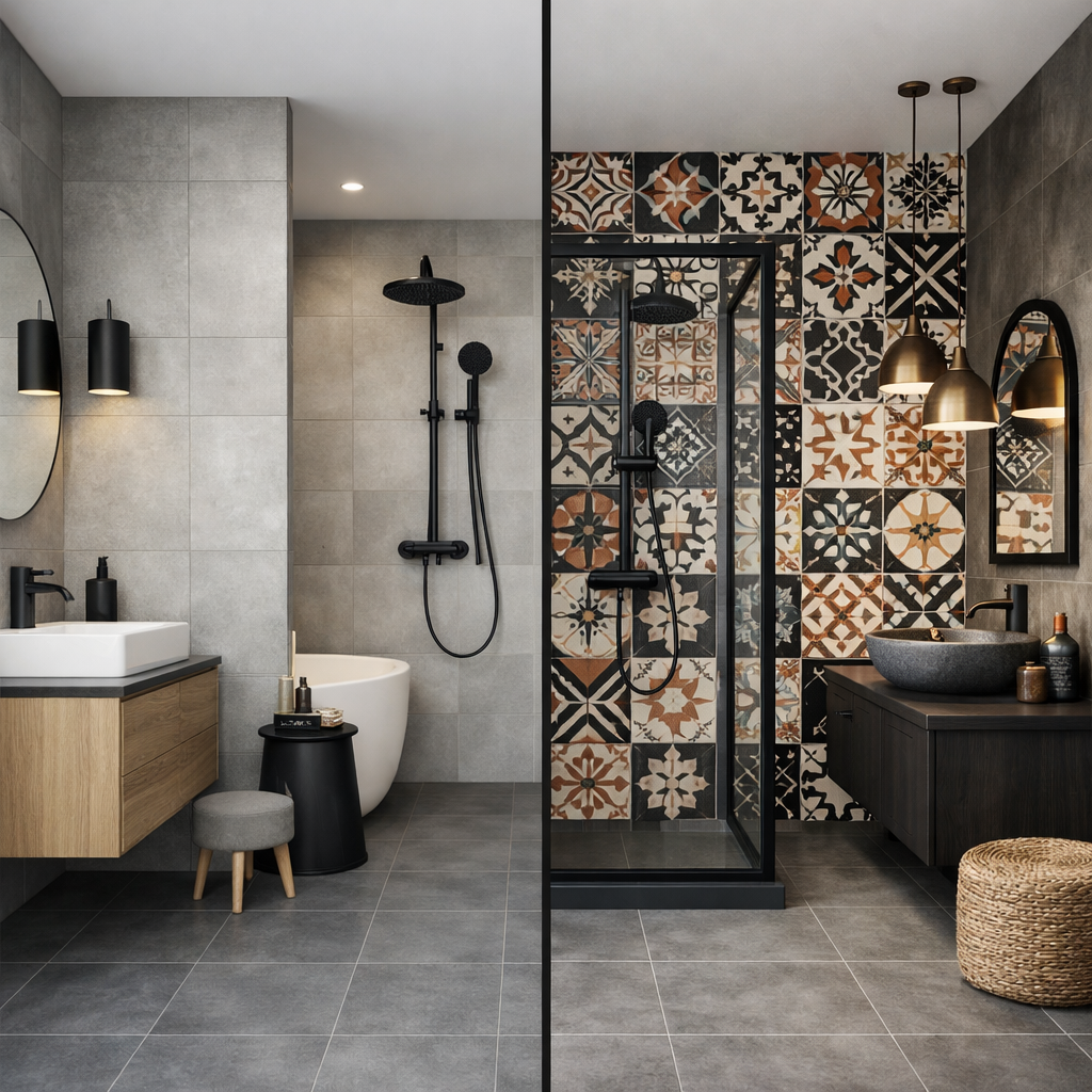 A bathroom showcasing grey tiled flooring and patterned wall tiles.