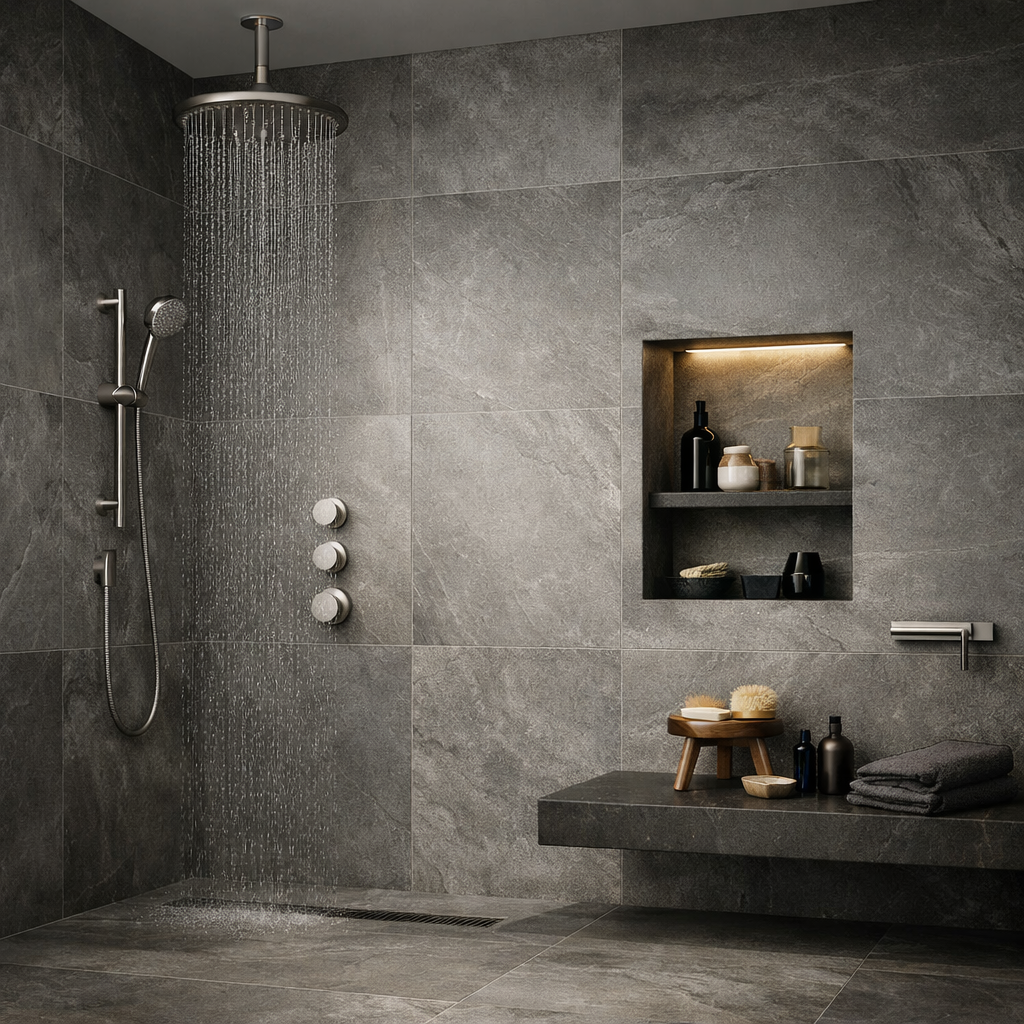 A modern grey tile shower featuring an overhead rain shower, built-in niche for storage, and a sleek bench.