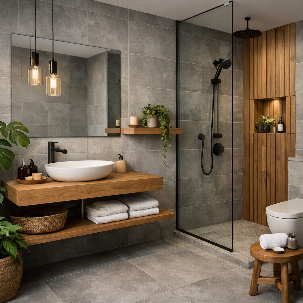A modern grey tile bathroom featuring wooden accents and plants