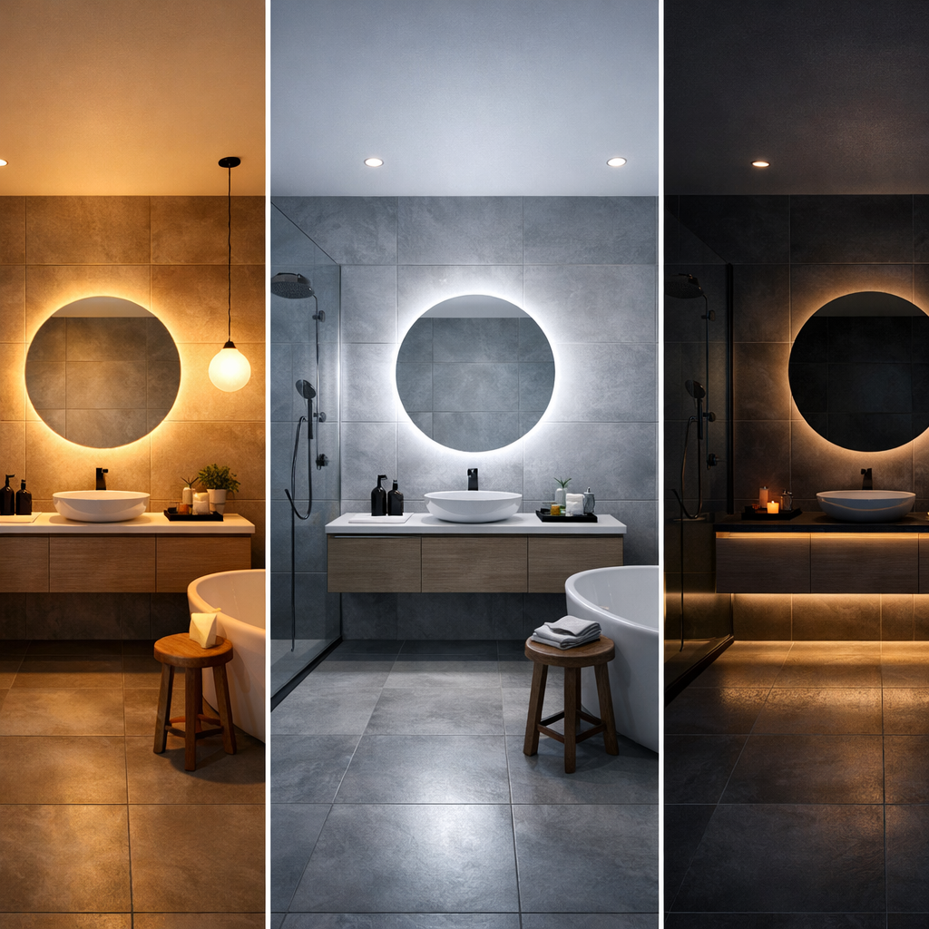 Three lighting effects in a grey tile bathroom showcasing warm, cool, and dark settings.