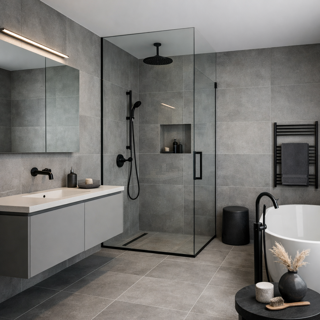 A sleek modern bathroom featuring grey tiles, a glass shower, and simple decor.