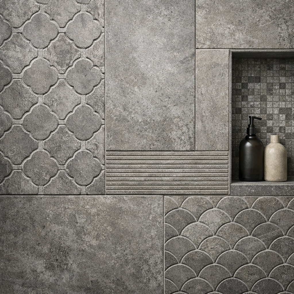 Textured grey tiles in a bathroom design