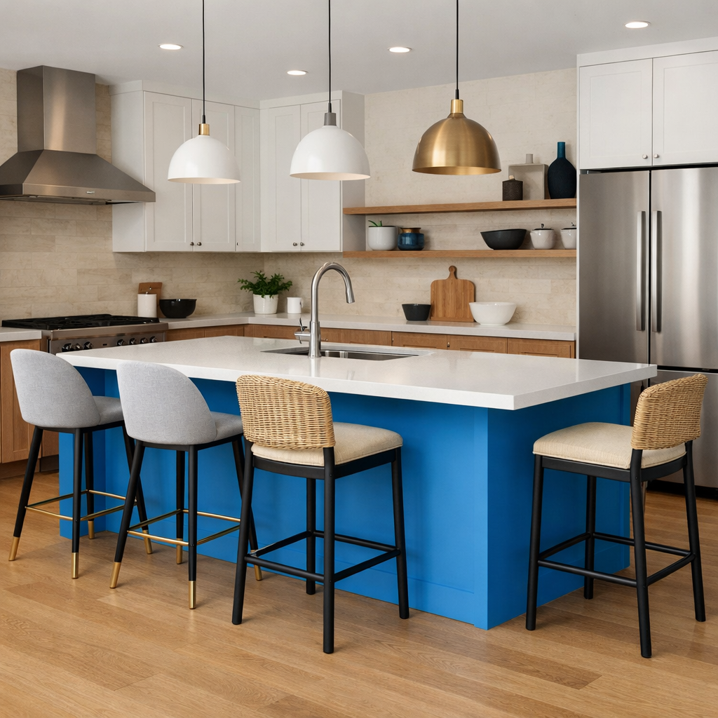 A modern kitchen featuring a bold sky blue island with stylish bar stools.