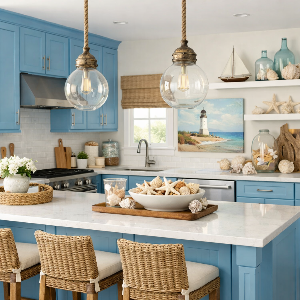 A bright kitchen featuring sky blue cabinets, natural decor, and nautical elements.