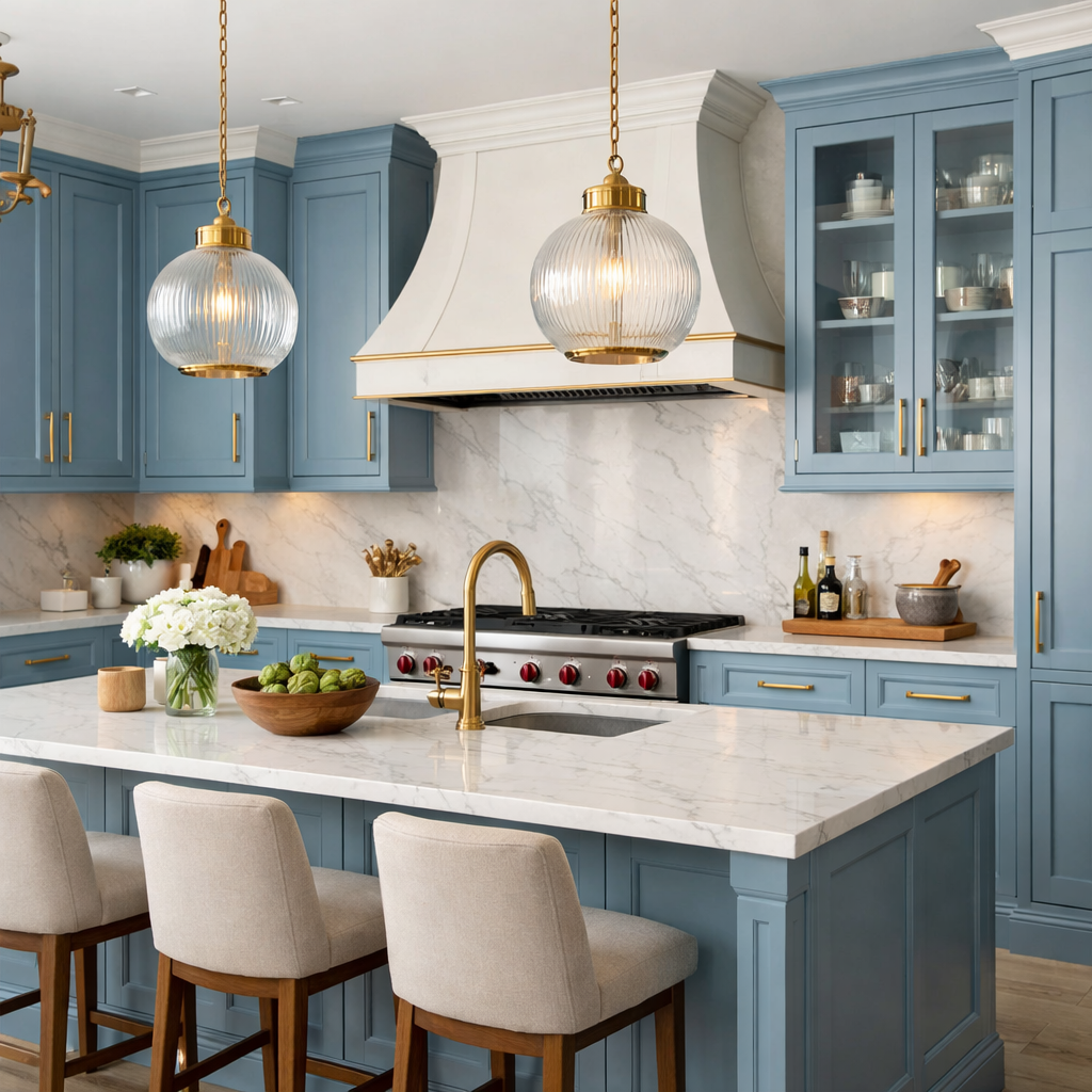 An elegant kitchen featuring sky blue cabinetry with gold accents, marble countertops, and modern appliances.