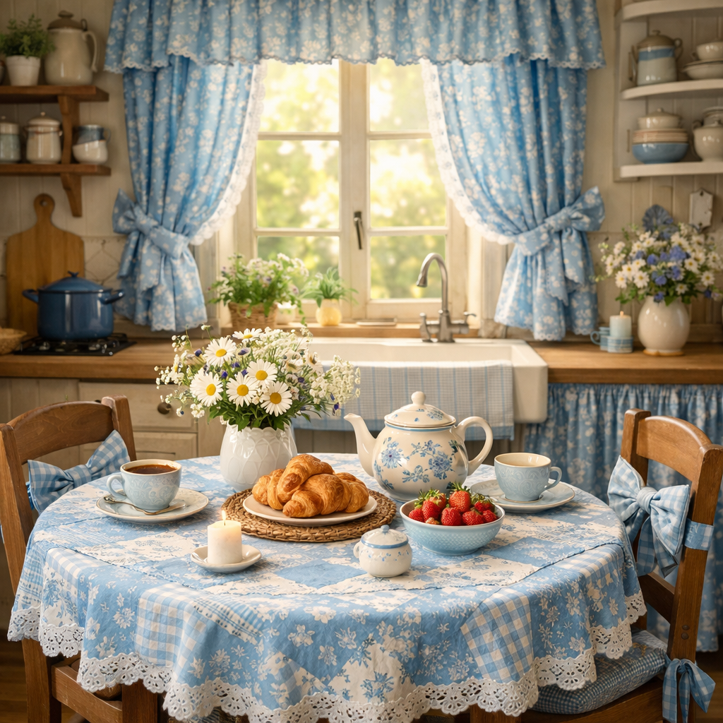 A cozy kitchen with sky blue textiles, featuring patterned curtains and tablecloths, with a breakfast setting.