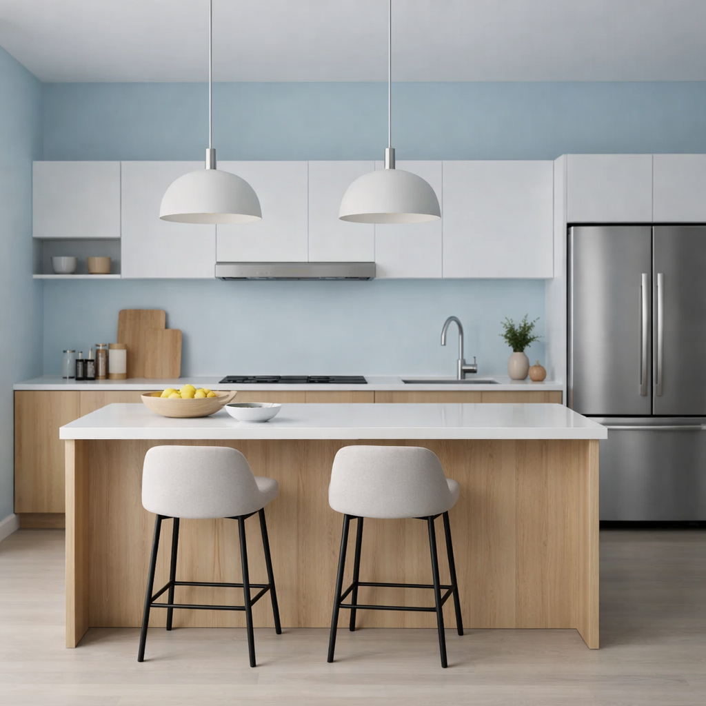 A modern kitchen featuring soft blue tones, white cabinets, and natural wood accents.