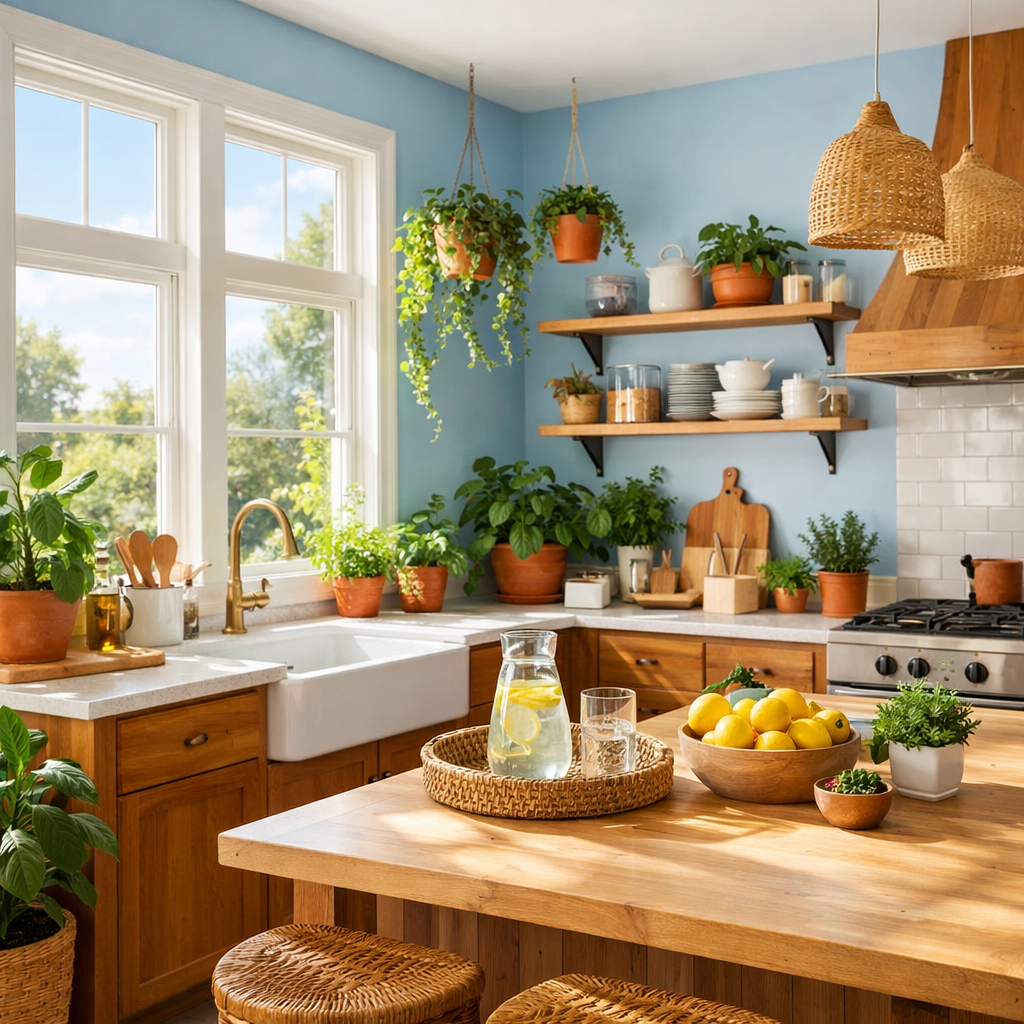 A bright kitchen with sky blue walls, natural light, and plants.