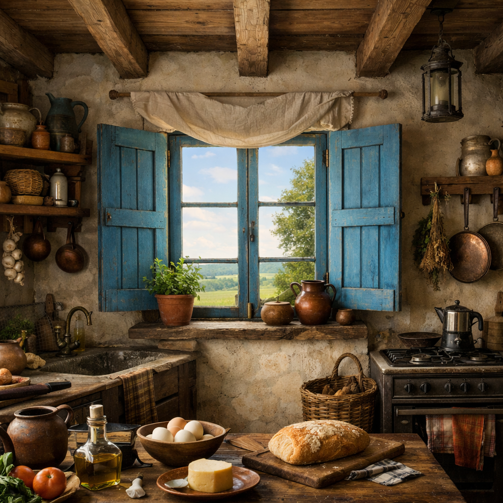 A rustic kitchen featuring sky blue shutters, wooden shelves, and fresh ingredients on the countertop.