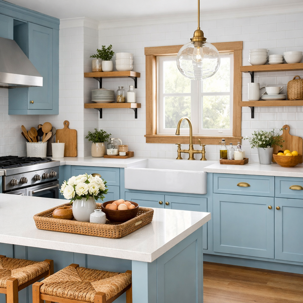 A sky blue kitchen with white accents and wooden shelves, featuring elegant decor and an inviting atmosphere.