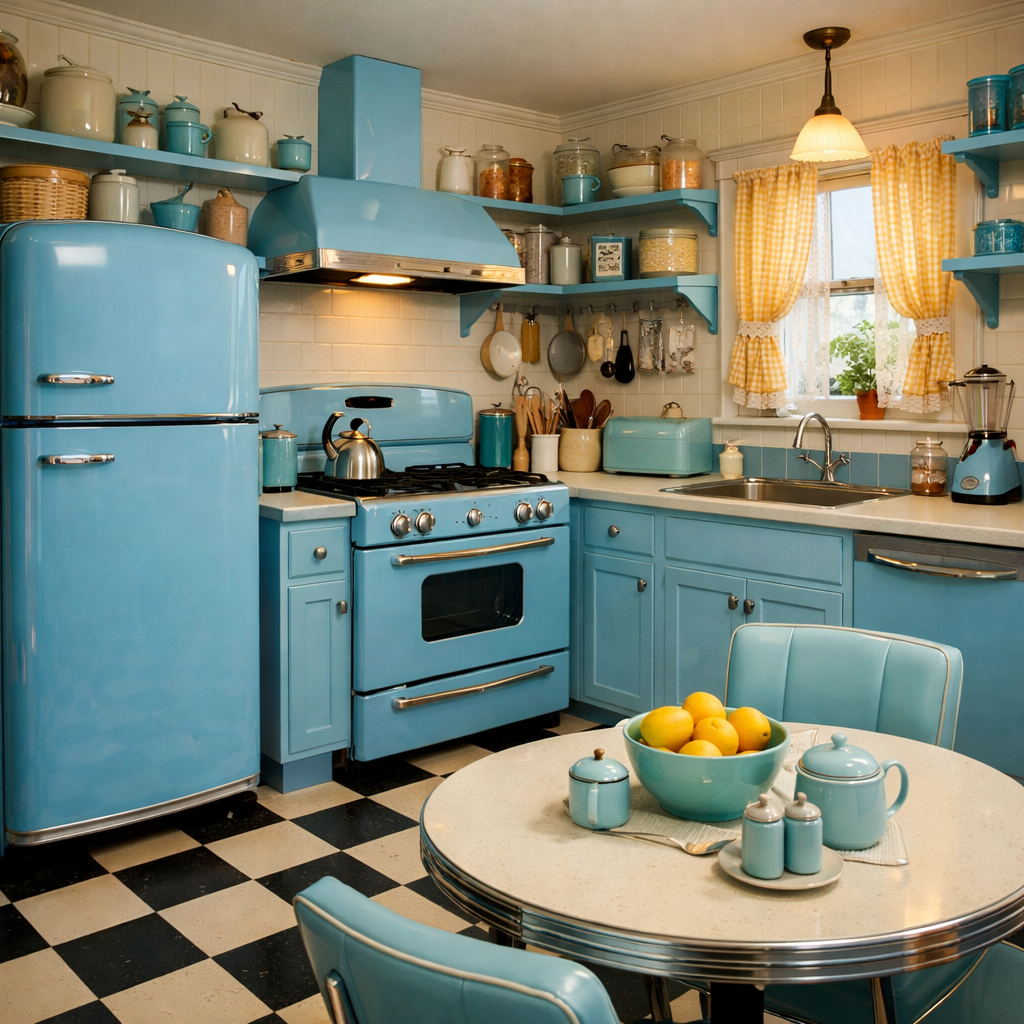 A retro kitchen featuring sky blue appliances, including a refrigerator and stove, with a round table set for casual dining.