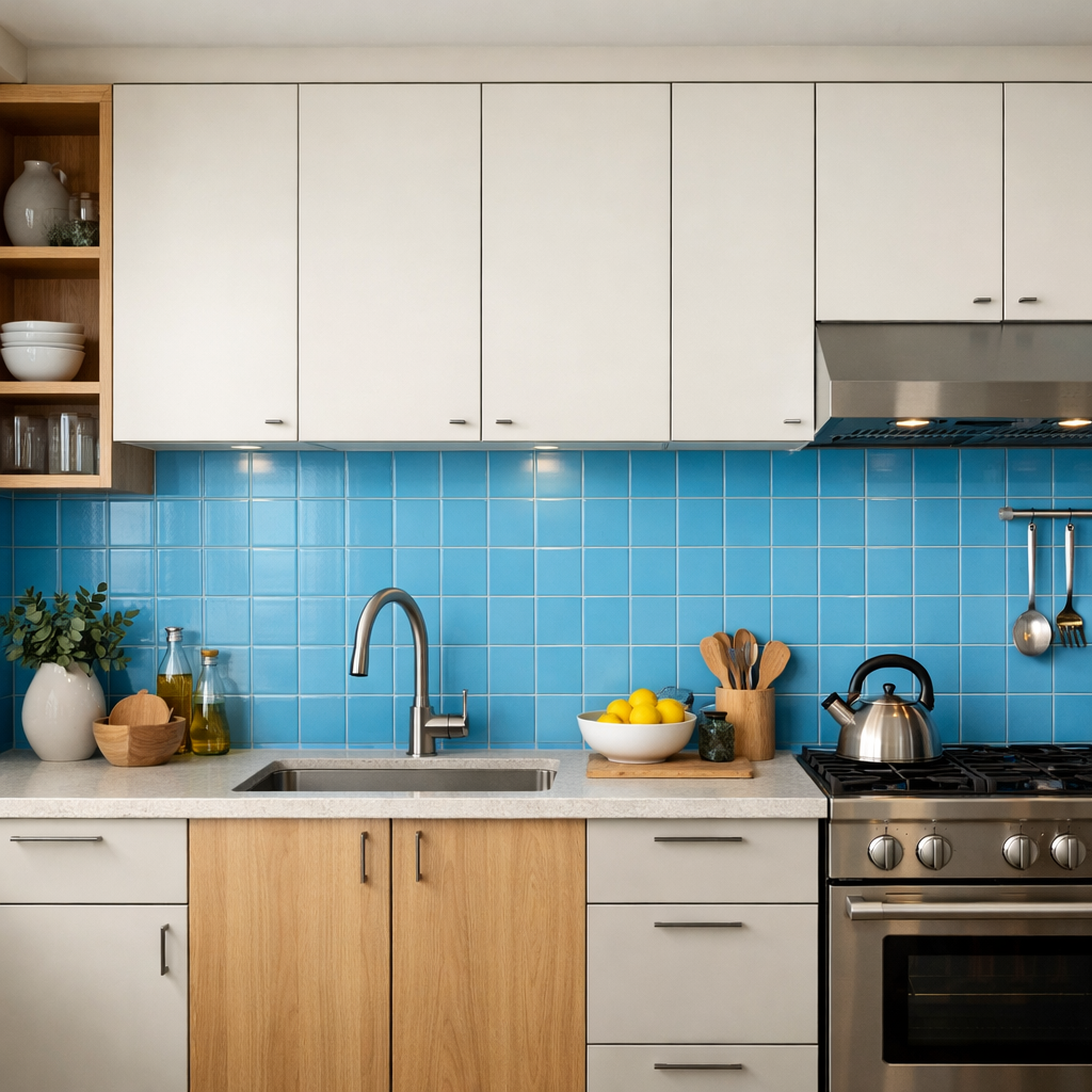 A stylish kitchen featuring a sky blue tile backsplash, white cabinets, and wooden accents.