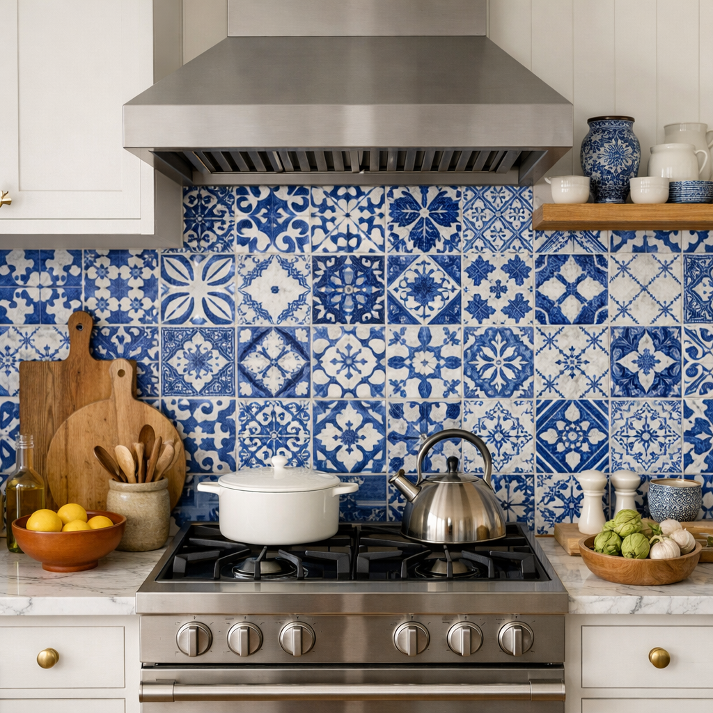 A blue and white patterned kitchen backsplash with a stainless steel stove and cookware.