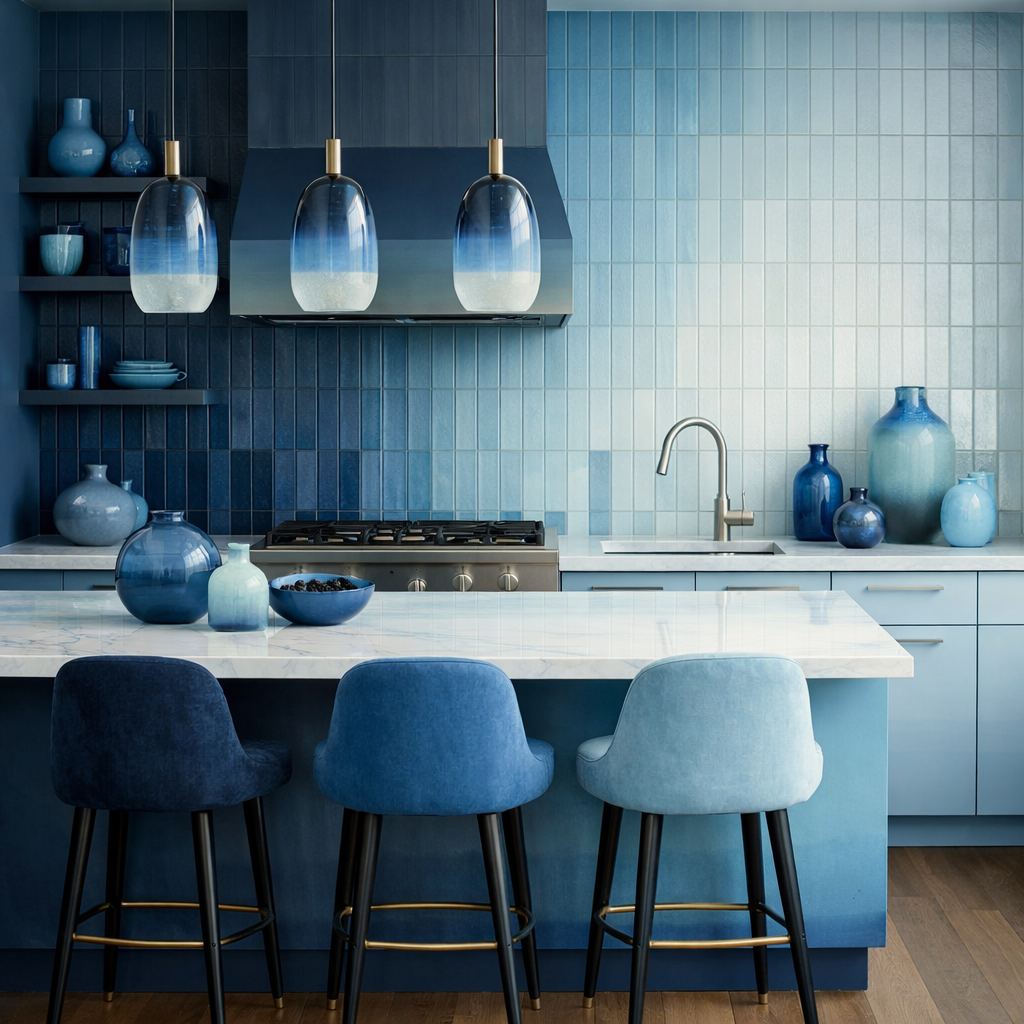 A modern kitchen featuring blue ombre decor with a gradient tile backsplash and blue chairs