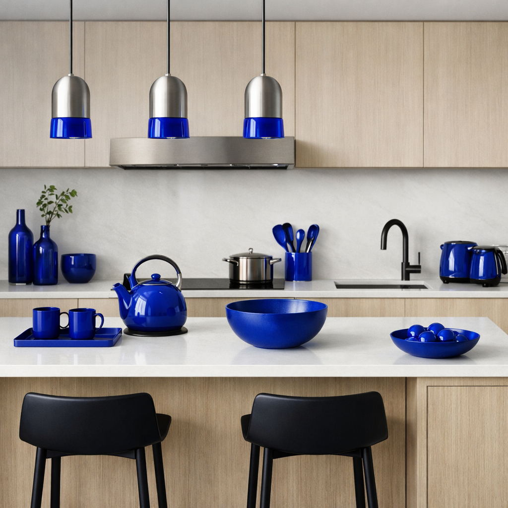 A modern kitchen featuring cobalt blue accessories like a kettle, bowls, and cups, contrasted with light wood cabinetry.