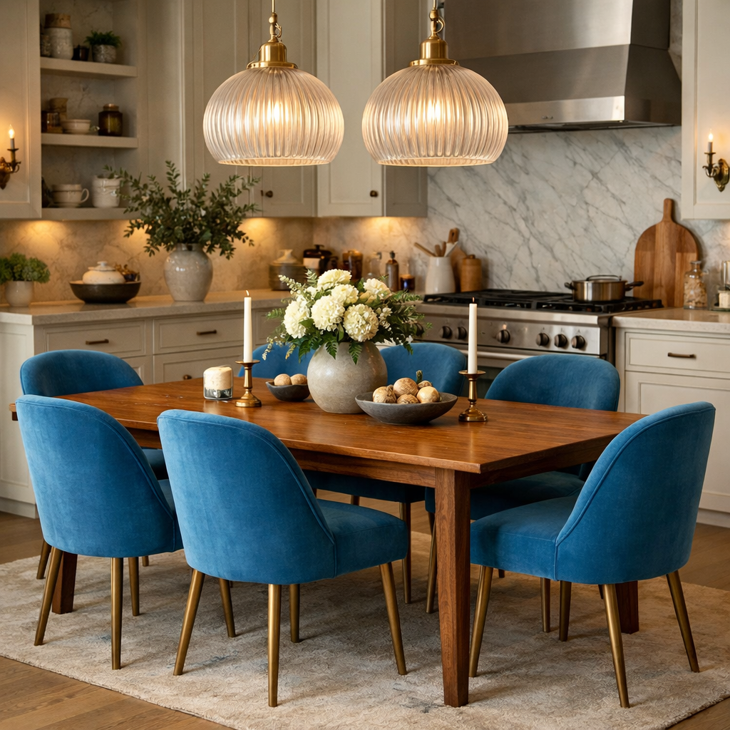 Cerulean dining area featuring a wooden table, blue chairs, and elegant lighting
