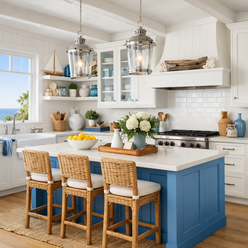 A bright kitchen featuring coastal blue accents, white cabinetry, and wicker bar stools with a view of the ocean.