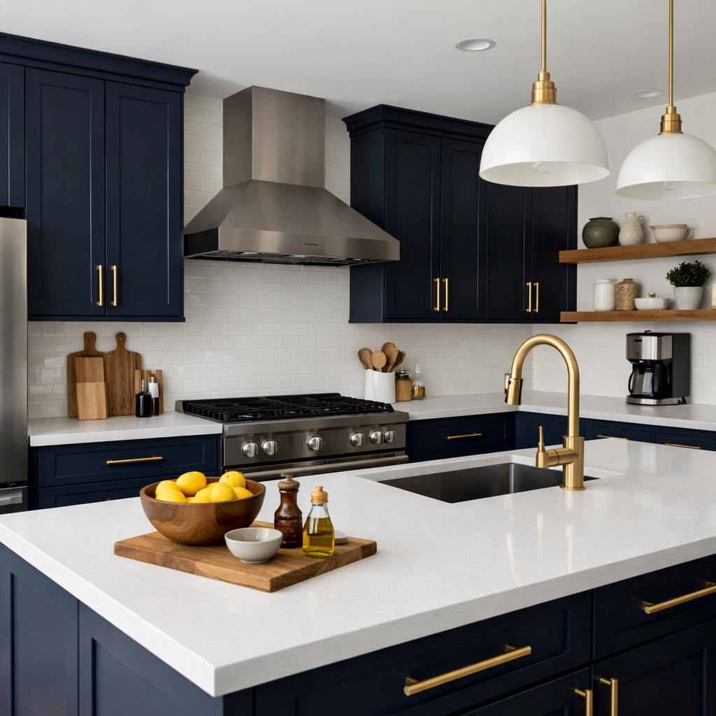 A modern kitchen with deep navy cabinets, white countertops, gold hardware, and open shelving.