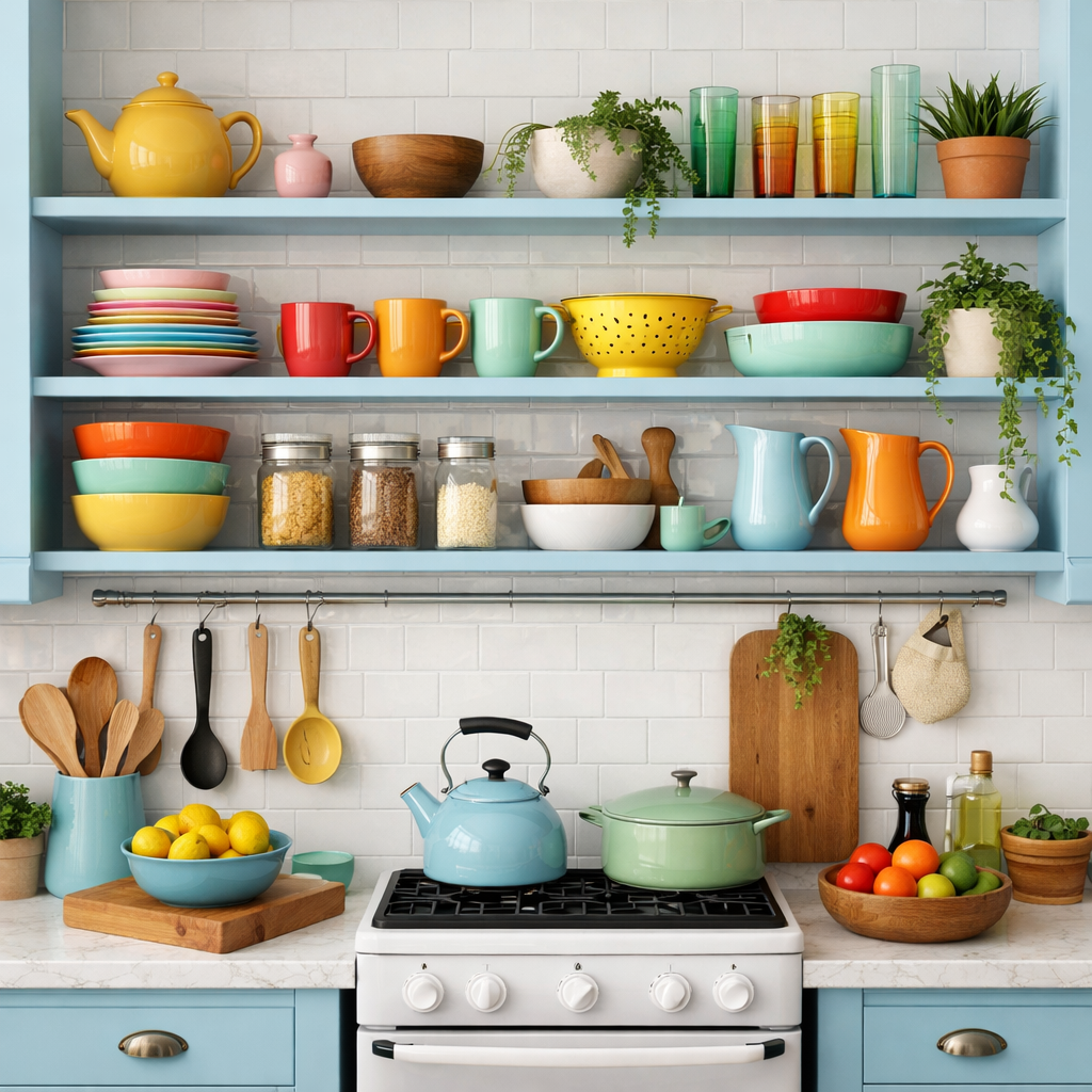 A beautifully arranged light blue open shelving in a kitchen with colorful dishware, jars, and plants.