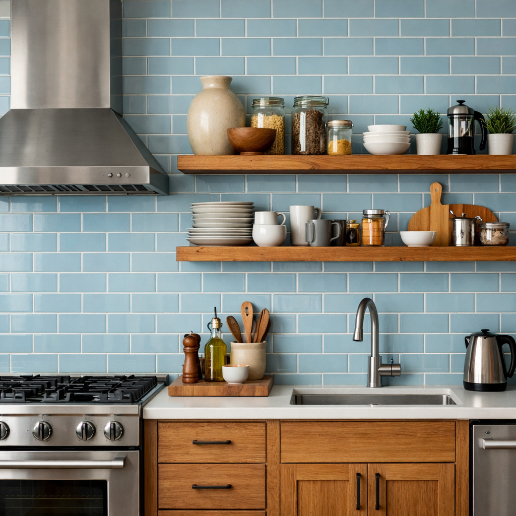 A kitchen with sky blue backsplash tiles and wooden shelves