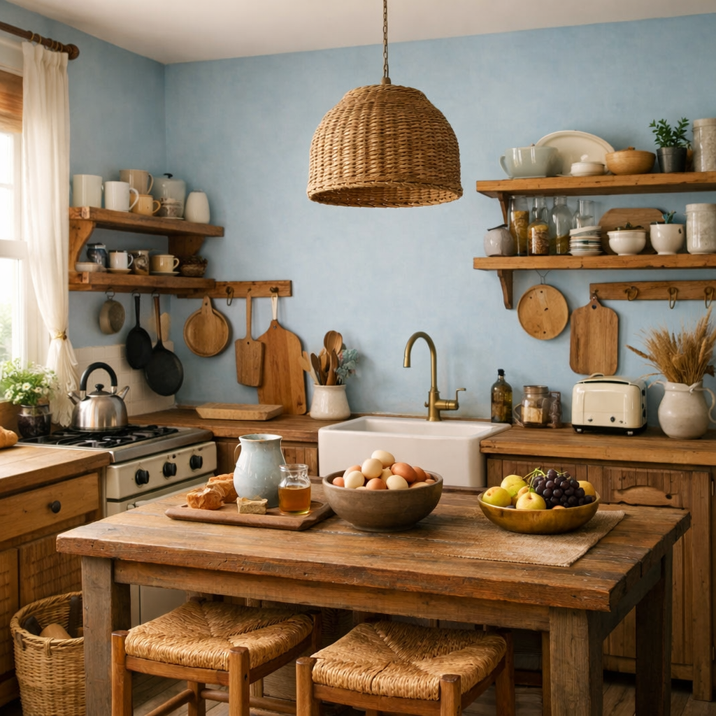 Kitchen with soft blue pastel walls and rustic wooden elements