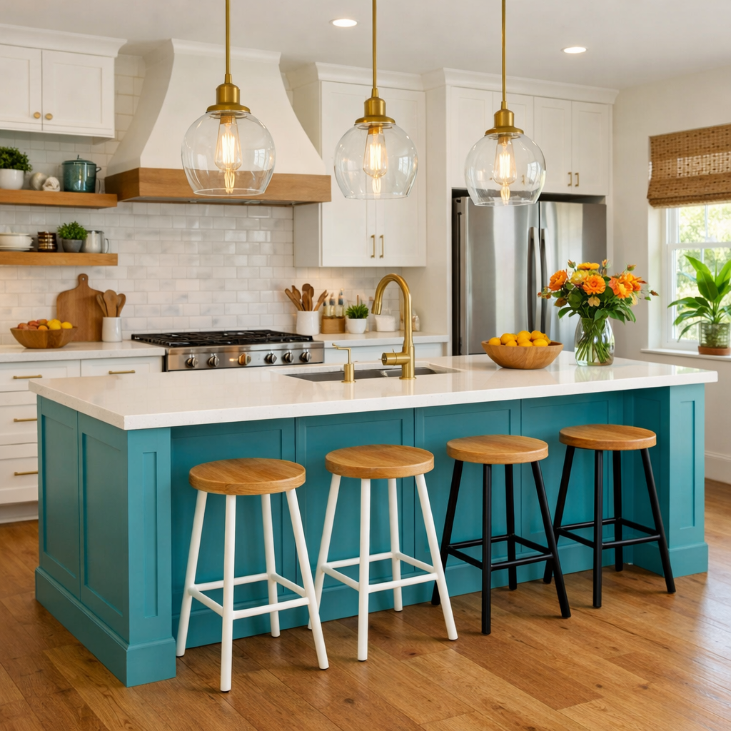 A kitchen featuring a turquoise island with wooden stools, elegant lighting, and an inviting atmosphere.