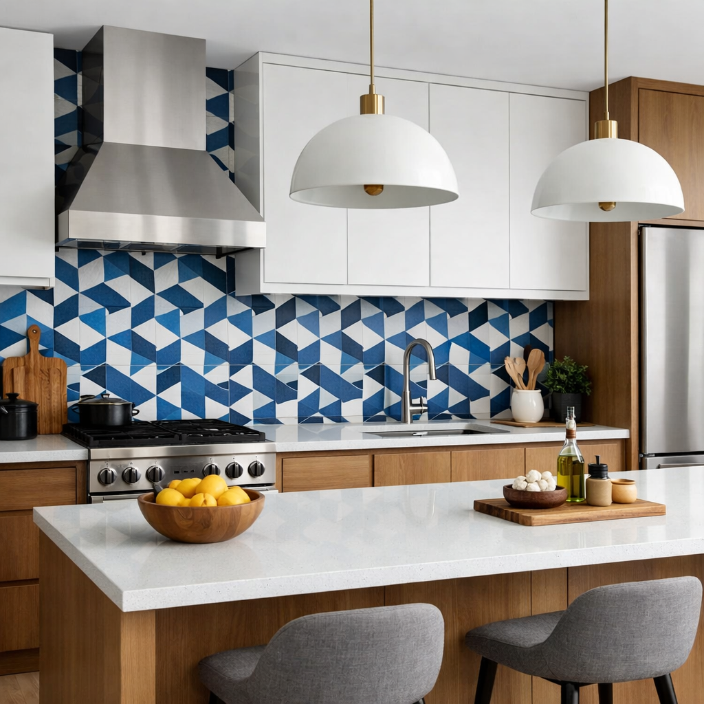 A modern kitchen featuring a blue and white geometric backsplash, stainless steel appliances, and a stylish kitchen island.