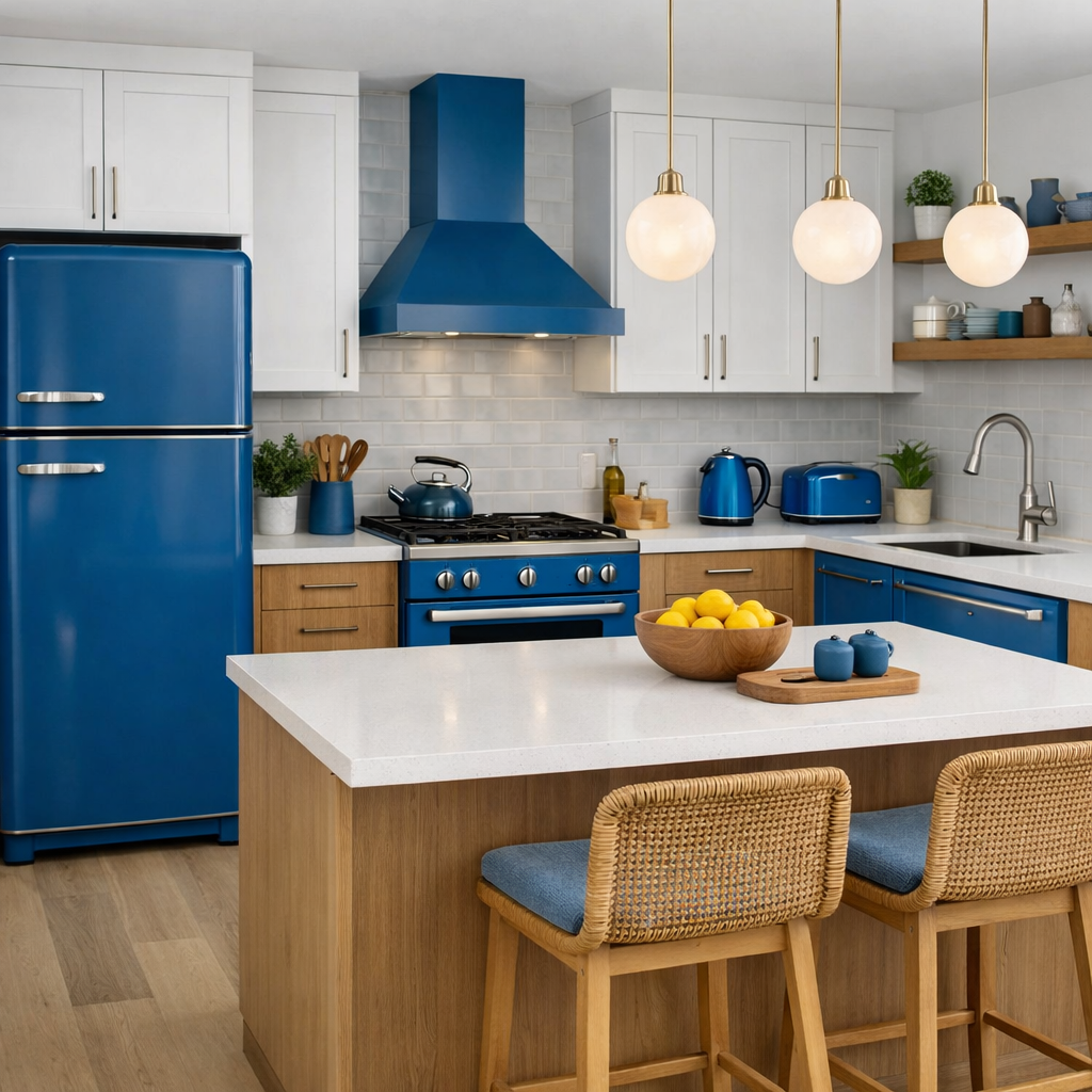 A modern kitchen featuring blue appliances including a refrigerator, stove, and kettle, with light wood accents.