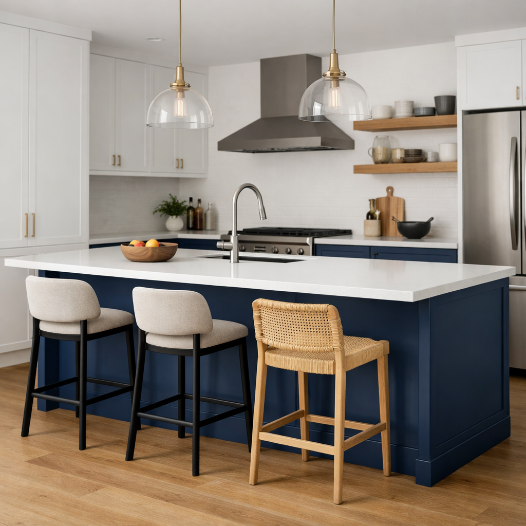 Modern blue kitchen island with white countertop and stylish bar stools.