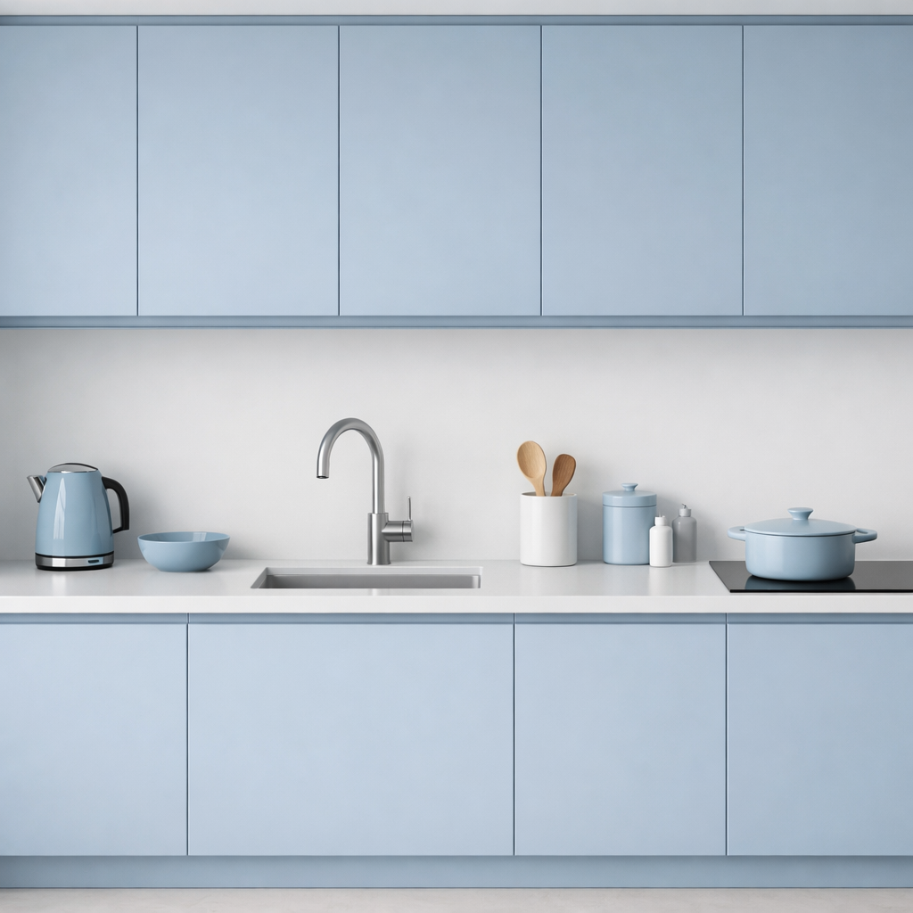 Modern minimalist kitchen with soft blue cabinetry and appliances