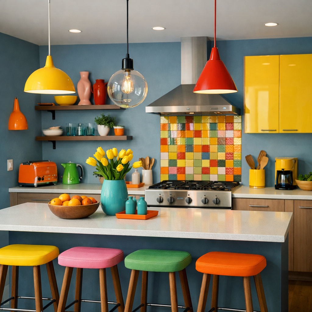 A modern kitchen featuring muted blue walls with vibrant accents, colorful bar stools, and a playful backsplash.