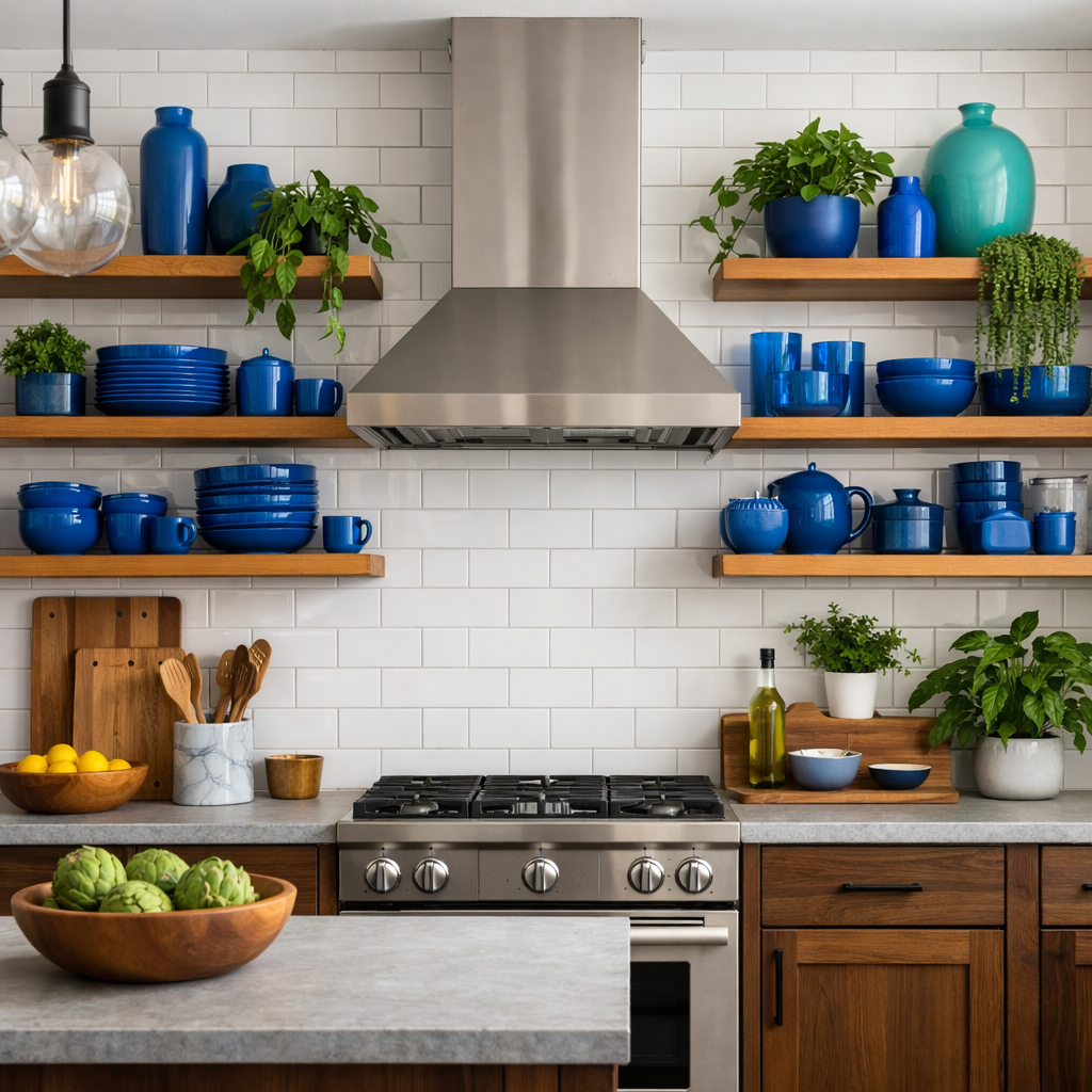Modern kitchen with blue dishware displayed on open shelves.