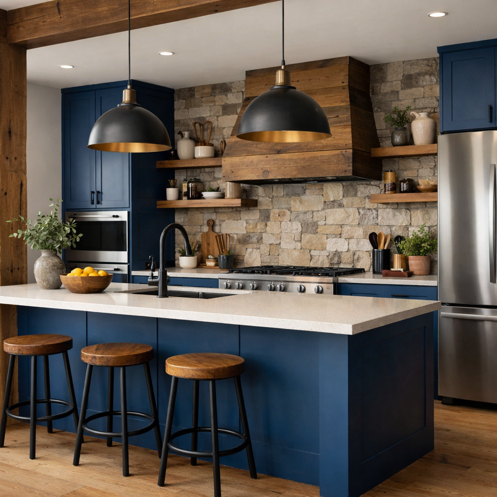 A modern kitchen with blue cabinetry, rustic wood elements, and stone backsplash.