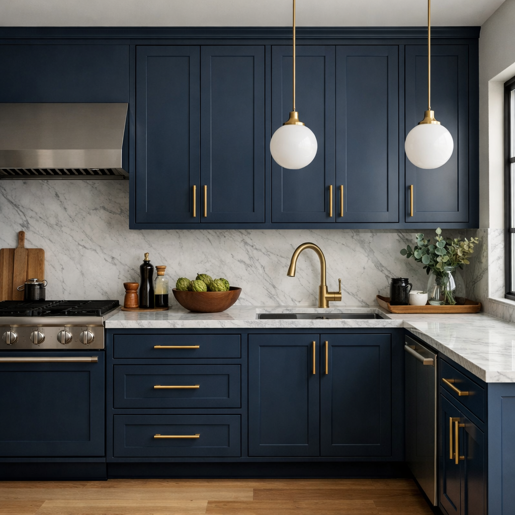 A modern kitchen featuring navy cabinets with brass accents and a marble countertop.