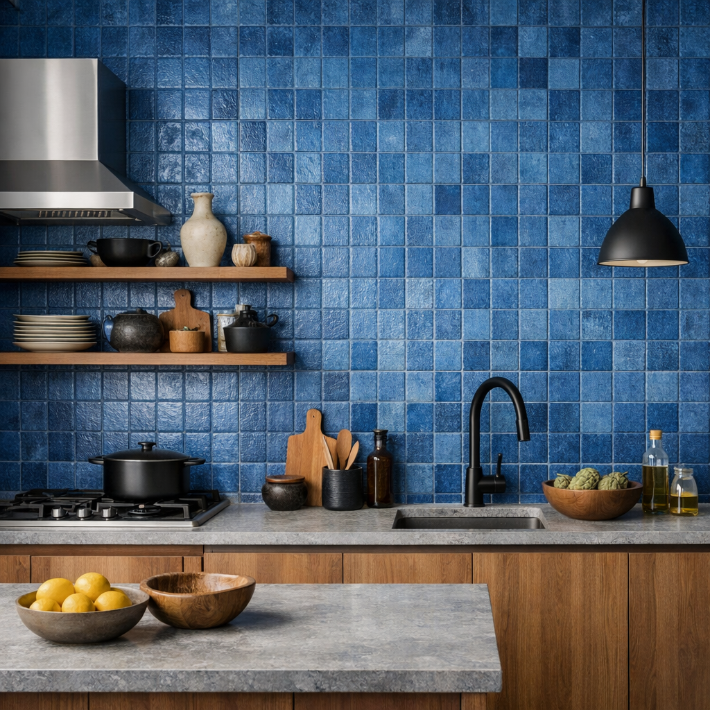 A modern kitchen with textured blue tiles on the wall, wooden shelves, and stylish decor.