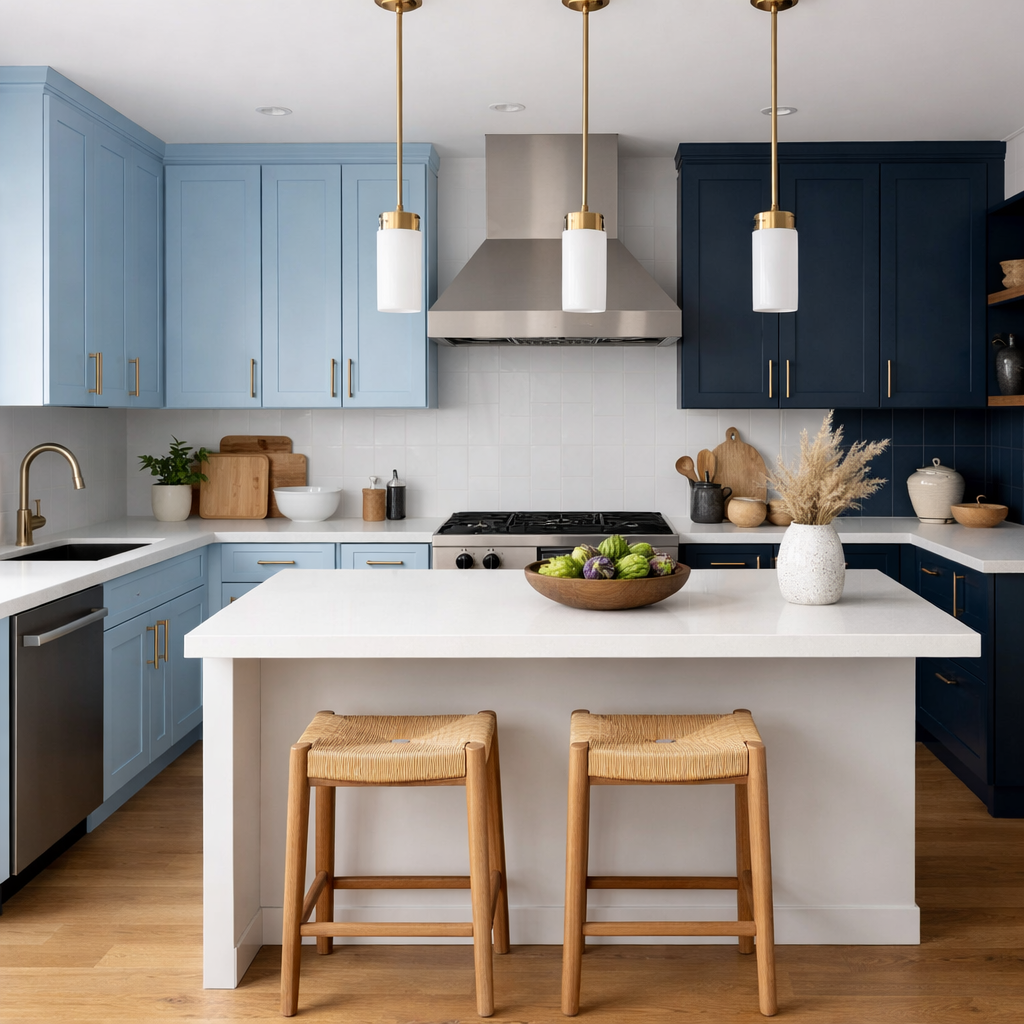 Modern kitchen featuring light blue and dark blue two-tone cabinets with gold fixtures and wooden elements.