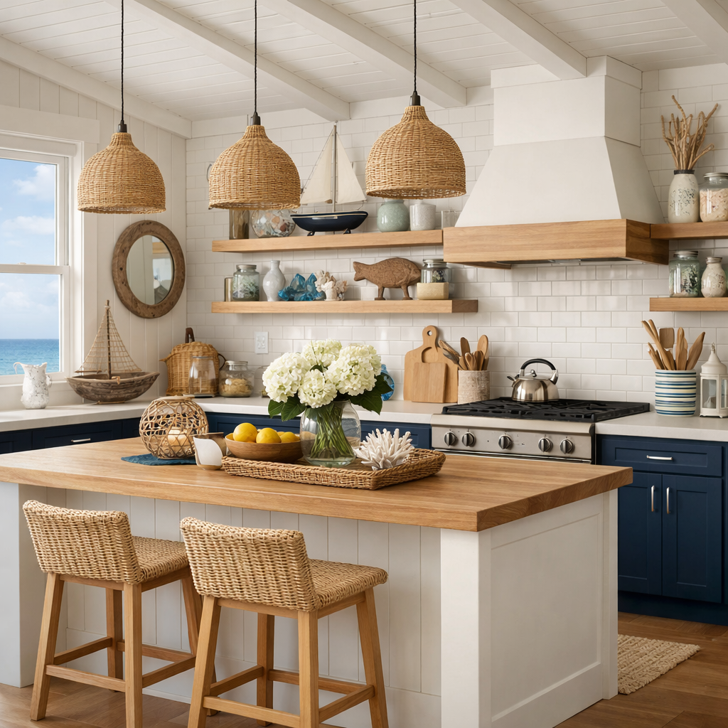 Coastal kitchen design featuring navy blue cabinets, light wood accents, and nautical decor.