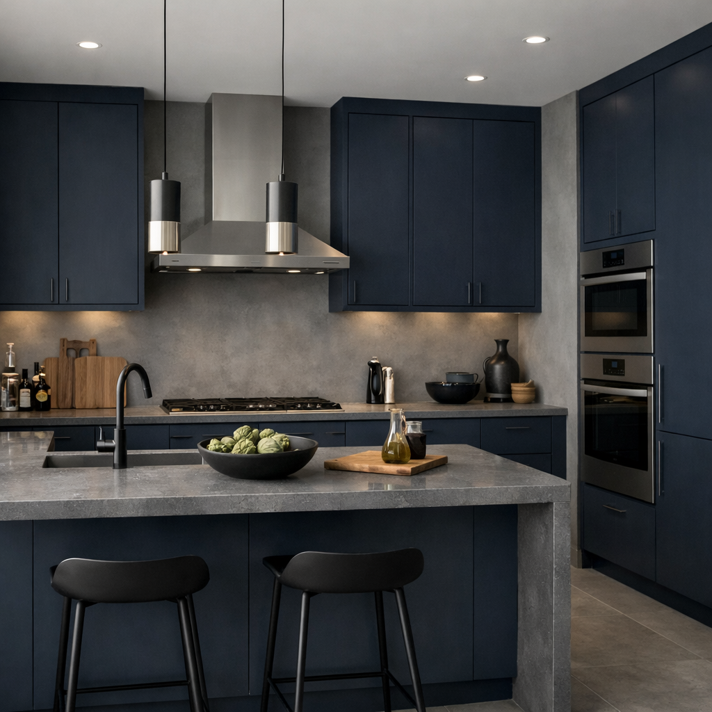 A modern kitchen featuring navy blue cabinets, gray countertops, and stainless steel appliances.