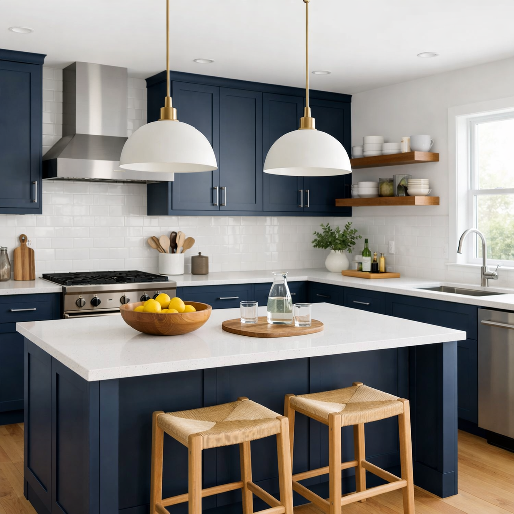 A modern kitchen featuring navy blue cabinets, white countertops, wooden accents, and minimalistic decor.