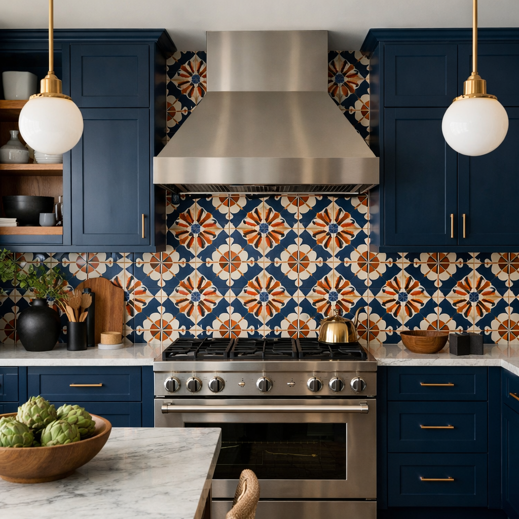 Navy blue cabinets with a colorful bold backsplash in a modern kitchen setting.