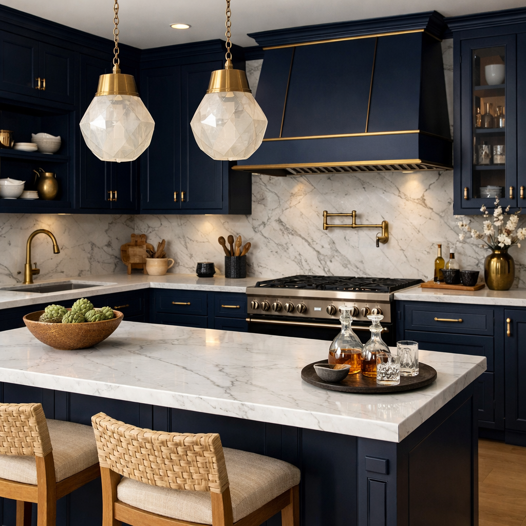 A kitchen featuring navy blue cabinets and gold hardware, with marble countertops and unique pendant lighting.