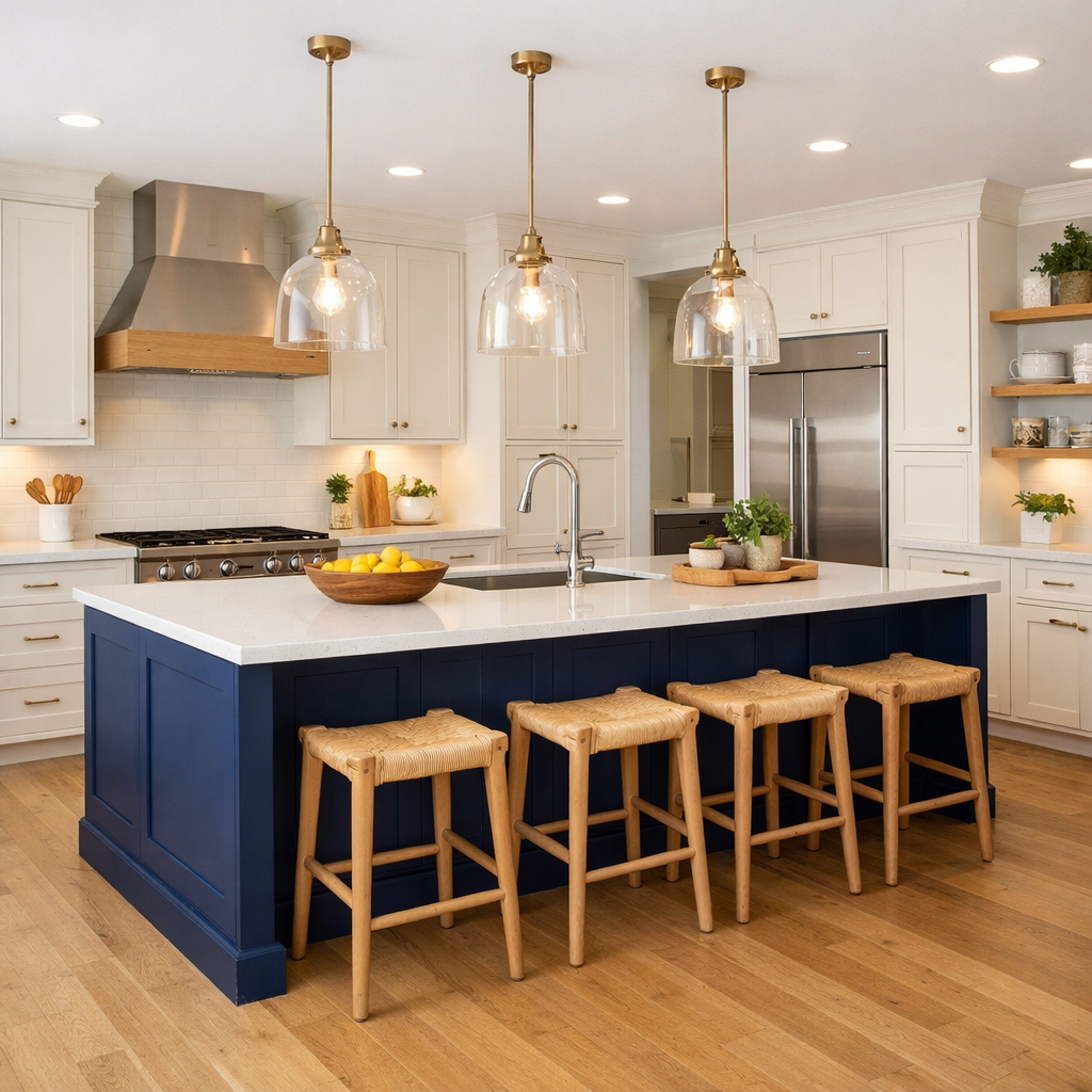 A navy blue kitchen island with a white countertop, surrounded by wooden bar stools and pendant lights.