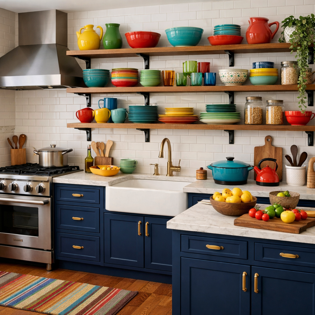A kitchen with navy blue cabinets and open shelves filled with colorful dishware.