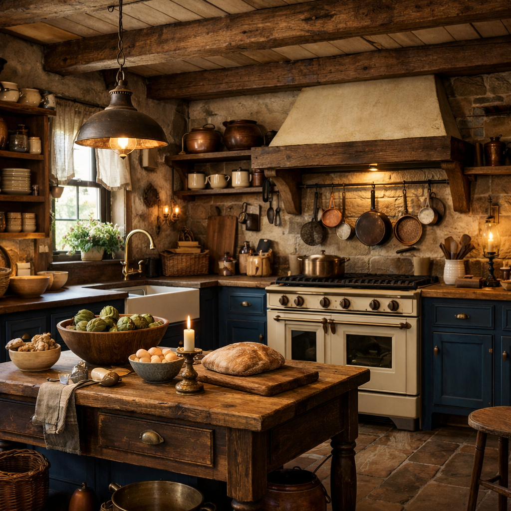 A rustic kitchen featuring navy blue cabinets, wooden beams, and warm ambient lighting.