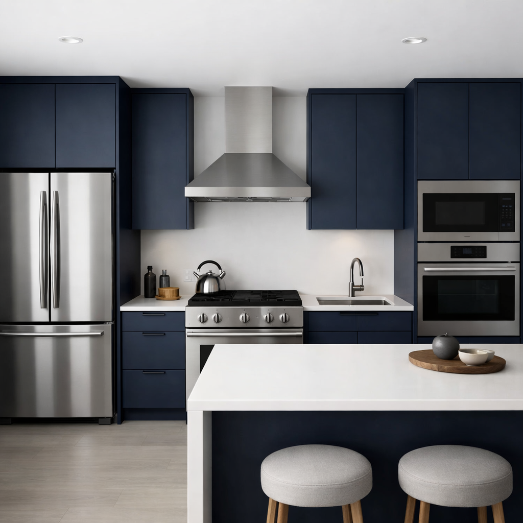 A modern kitchen featuring navy blue cabinets, stainless steel appliances, and white countertops.