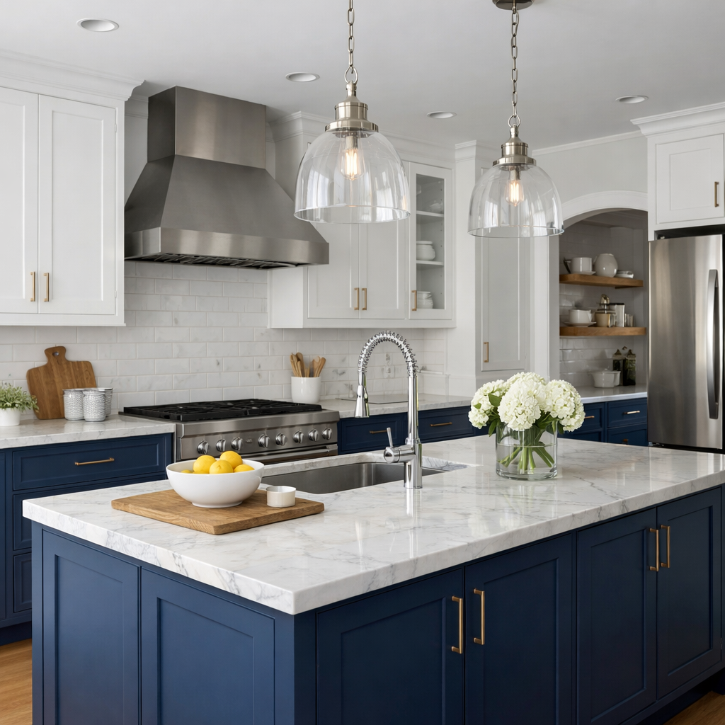 Modern kitchen with navy blue cabinets and white upper cabinets, featuring a marble countertop and clear glass pendant lights.